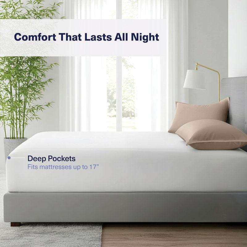 100% Viscose from Bamboo Fitted Sheet Only, 300 Thread Count, Extra Deep Pocket, Elastic with 4 Corner Straps, Cooling & Breathable, Bedding Sheets for Hot Sleepers - Gift-Ready Packaging (White)