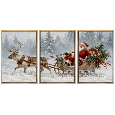Tableau de Noël avec le Père Noël et ses rennes en traîneau, impression giclée sur toile encadrée, 3 pièces - 40,6 x 61 cm (x3 pièces), 61 x 91,4 cm (x3 pièces)