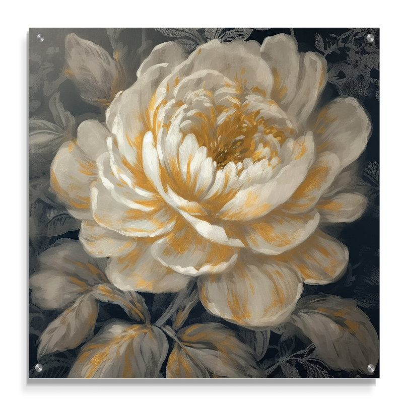 Émotion de pivoines or blanches III - pivoines, art mural acrylique, H 36 po x l 36 po