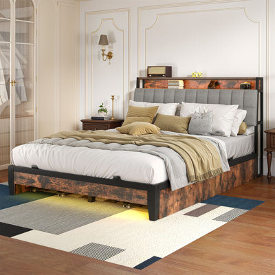 Upholstered Industrial Bed with Drawers and LED Light