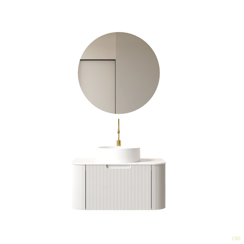 Meuble-lavabo de salle de bain avec lavabo, armoire de rangement de salle de bain murale à bordures courbes et flottantes avec tiroir, lavabo en céramique avec motif de pierre, pré-assemblé