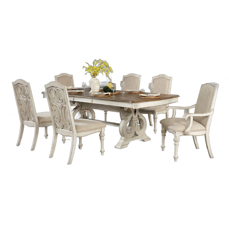 Ensemble de table de salle à manger 7 pièces Arca avec chaises en tissu, bois massif blanc antique