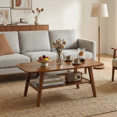 Table basse 39,37 "Mid-Century moderne - 100% chêne massif, 2 niveaux - couleur noyer