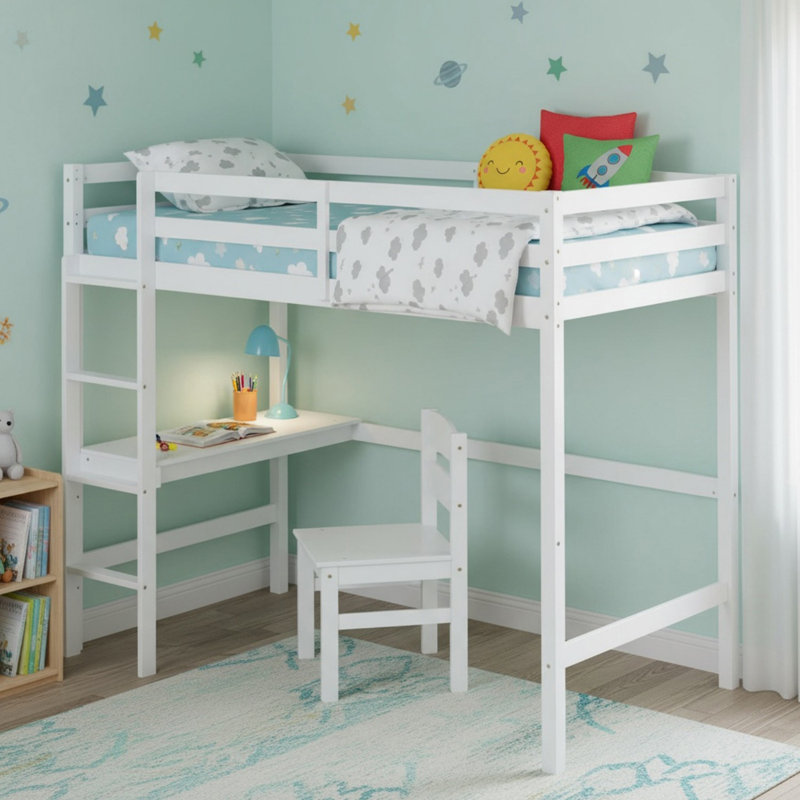 Lit mezzanine en bois massif avec barrière de sécurité, bureau intégré pour garçons et filles, Blanc