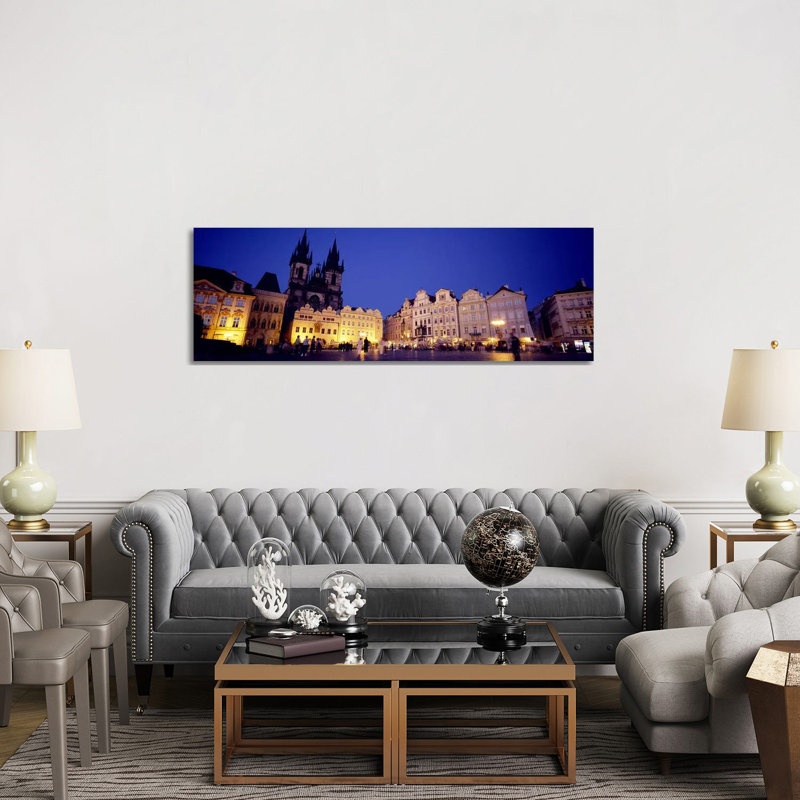 Buildings Lit Up At Dusk, Prague Old Town Square, Old Town, Prague, Czech Republic - Wrapped Canvas Panoramic Print
