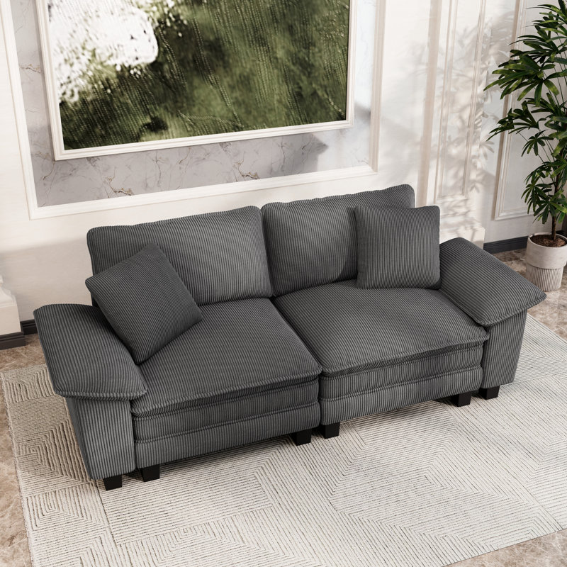 Canapé modulaire 88 po pour salon, canapé 2 places à assise profonde avec coussin décoratif 88 po, Velours côtelé gris