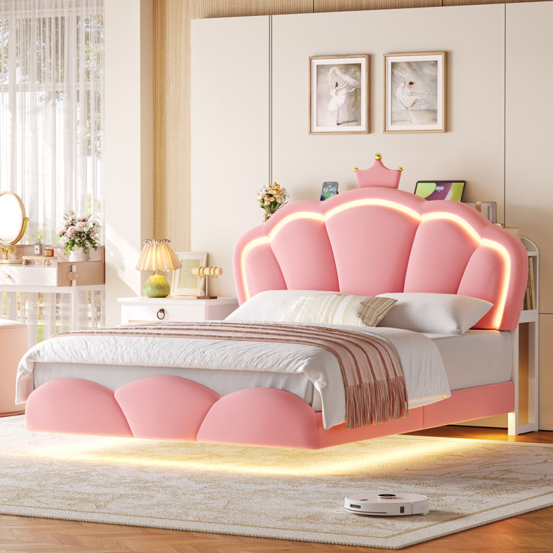 Cadre de lit flottant avec rangement, lit plateforme tapissier en velours avec compartiment de rangement caché et station de charge, tête de lit à couronne en forme de nuage, beige et rose
