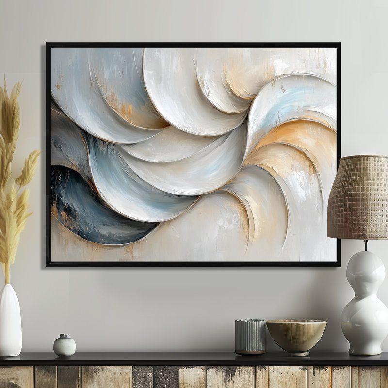 «Grey White Waves of Introspection I», art mural abstrait, Noir, H 12 po x l 20 po, Picture Framed