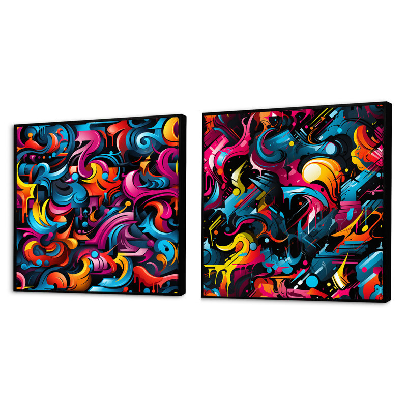 Popart Neon Graffiti Fusion III - ensemble de 2 collages de formes abstraites carrées, Cadre flottant noir, H 16 po x l 33 po