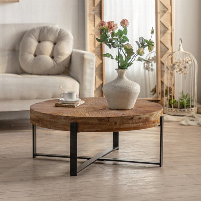 Table basse moderne d'épissure rétro moderne, plateau en bois de sapin avec pieds croisés