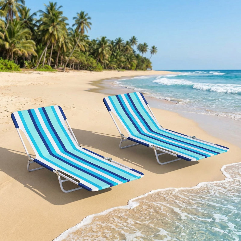 Set Of 2 5 Position Lay Flat Portable Beach Recliners With Carry Strap And Sturdy Metal Frame For Beach Poolside Camping Use