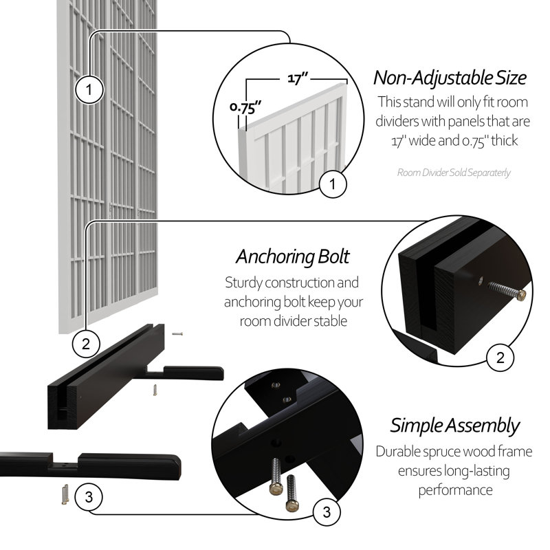 Room Divider Stand - Walnut - 3 Panel, Black, 4" H x 70.75" W x 19.5" D
