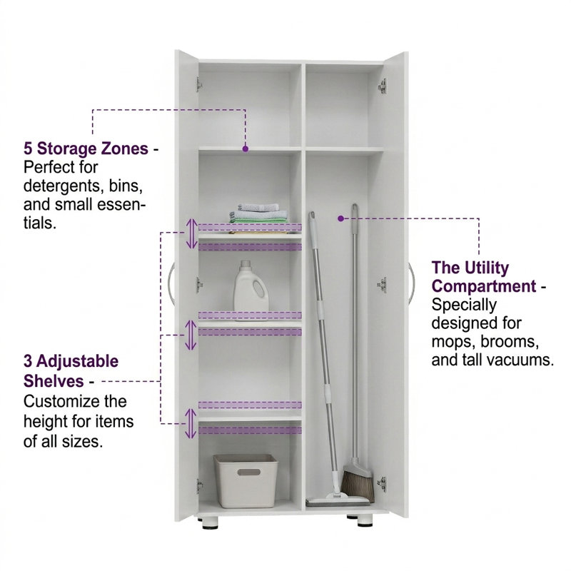 74.3" Tall Storage Cabinet with Broom Closet & 5-Tier Shelves, Freestanding Utility Cupboard for Pantry, Laundry, or Garage, Adjustable Shelving & Leveling Feet, White Finish