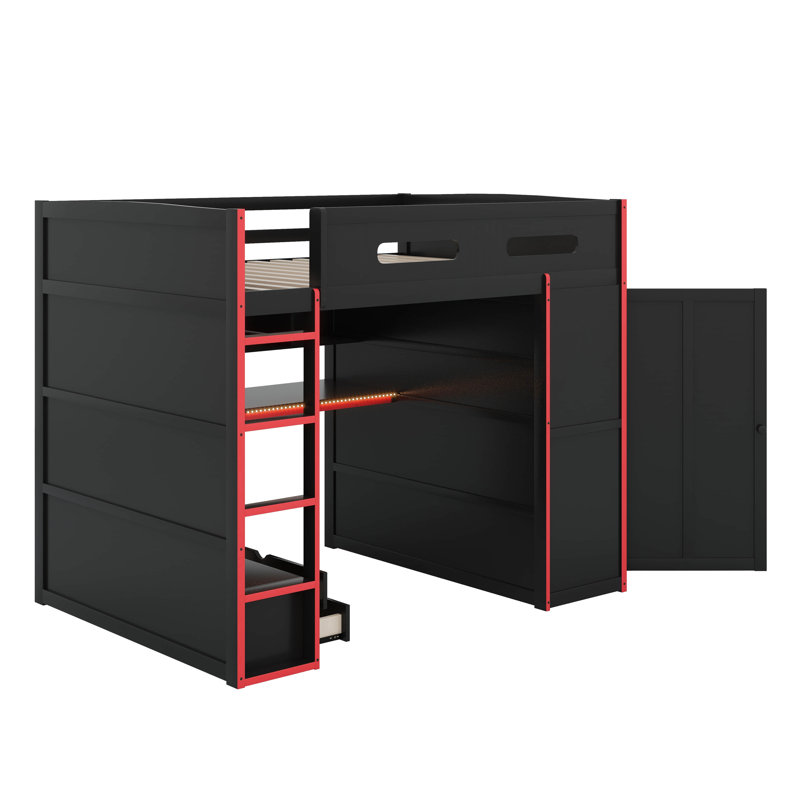 Full Size Wood Loft Bed With Desk,Wardrobe And RGB LED Light, Red
