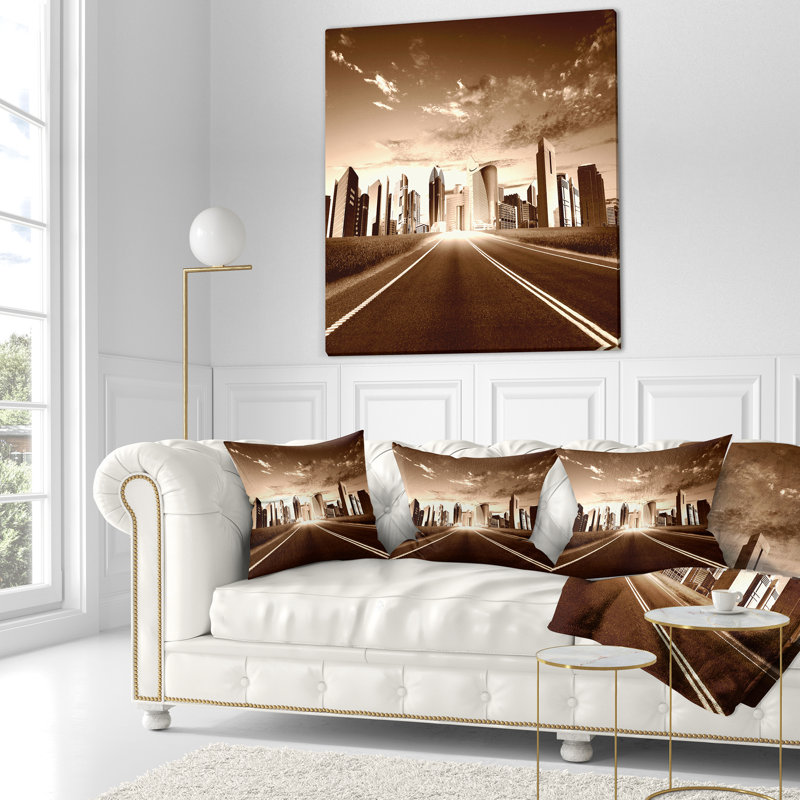 Modern Cityscape Rectangular Brown and Beige Throw Pillow