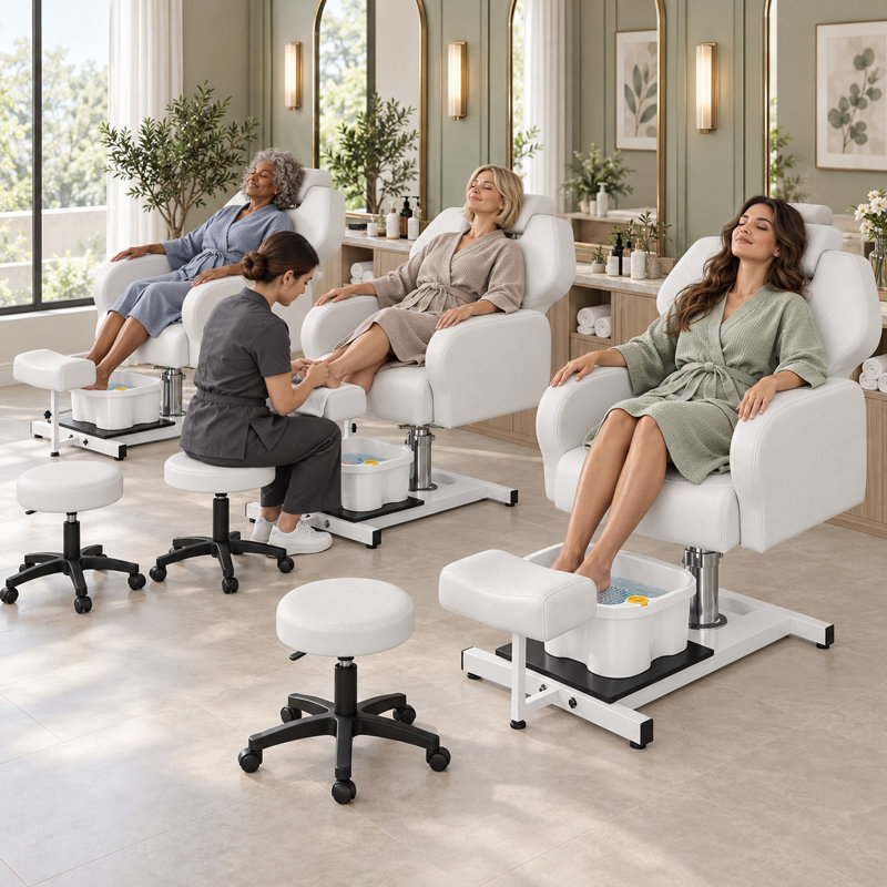 Fauteuil de pédicure hydraulique avec tabouret réglable et rotation à 360° - Blanc, Blanc