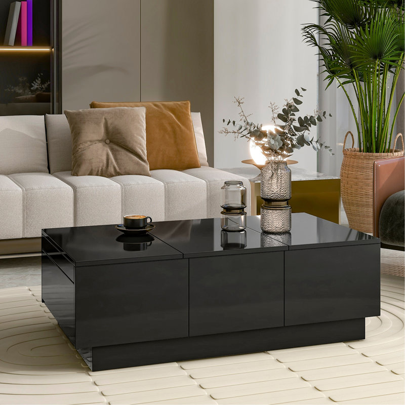 Table basse avec 2 grands compartiments de rangement cachés, table de cocktail extensible avec 2 tiroirs, table centrale ultrabrillante avec plateau coulissant pour le salon, 39,3 po x 21,6 po, noir