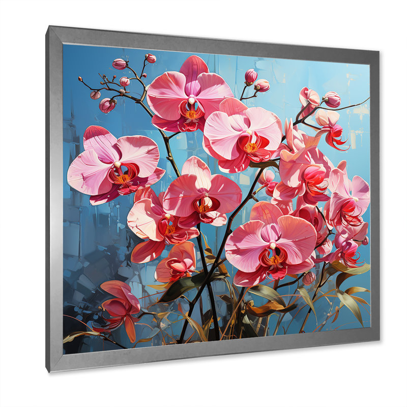 Orchidées roses néon sur toile, Cadre simple argenté, H 36 po x l 36 po x P 1,5 po