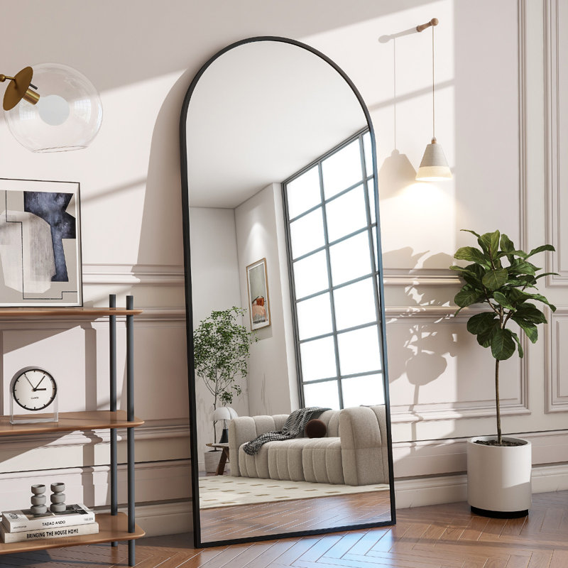 Arched Aluminum Alloy Framed Full Length Mirror with Stand Large Wall Mirror, Black, 177.8cm H x 66cm W