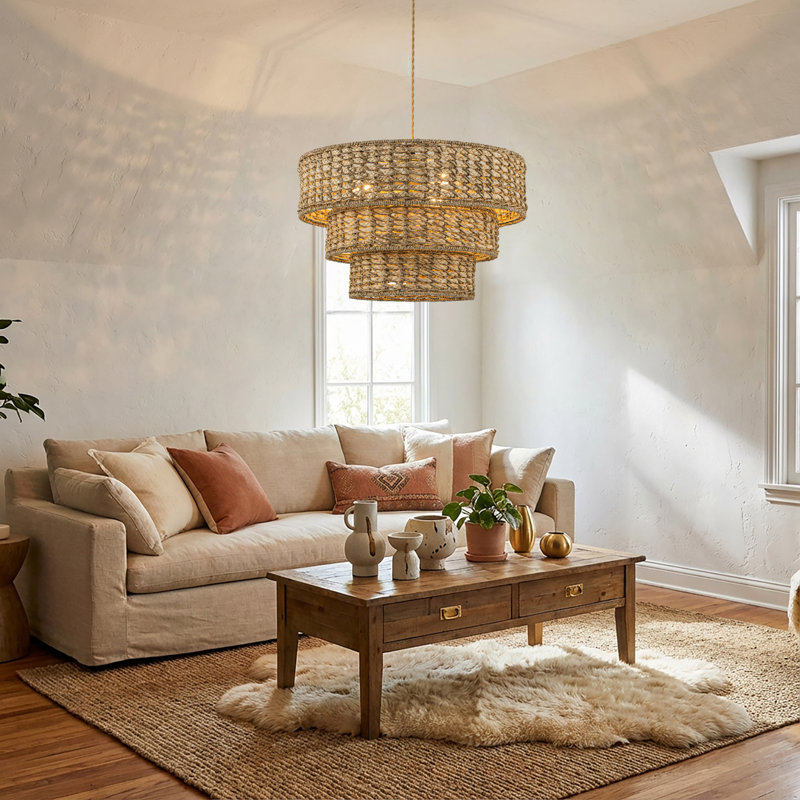 Luminaire suspendu tambour en or à 3 niveaux Aras Rattan Coastal Boho