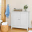 Armoire de rangement autoportante blanche, style Mid-Century moderne, portes à fermeture douce, tablettes, casiers divers à double porte, salle de bain argentée, design, bureau spacieux, organisé