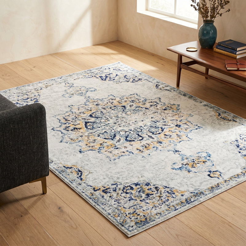 Floranne Oriental Non-Slip Machine Washable Vintage Area Rug in Blue/Yellow/Cream for Living Room, Bedroom, Hallway Runner Indoor Rugs (5'×8')