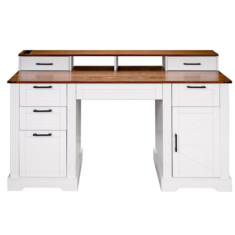 59" Farmhouse Office Desk with Barn Door, Charging Station & Storage Cabinet, Rustic Home Study Desk with Monitor Stand, Keyboard Tray and File Drawer for Study or Living Room