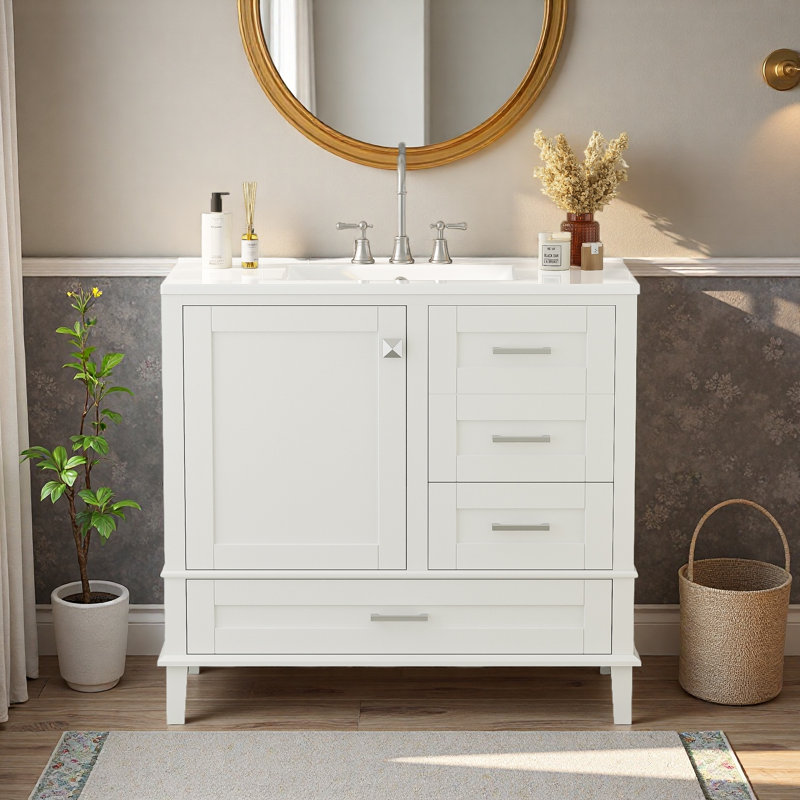 36" Bathroom Vanity With Solid Pine Frame, Silver, White