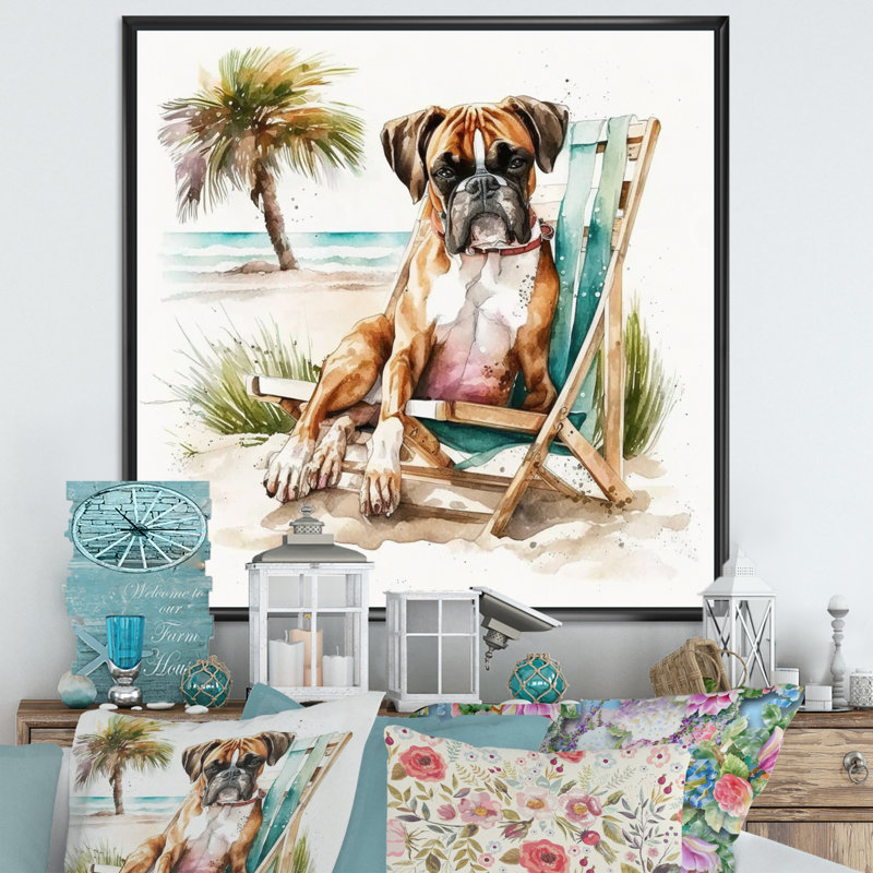 Chien sur la plage - reproduction sur toile, L 16 po x H 16 po, Toile avec cadre flottant noir
