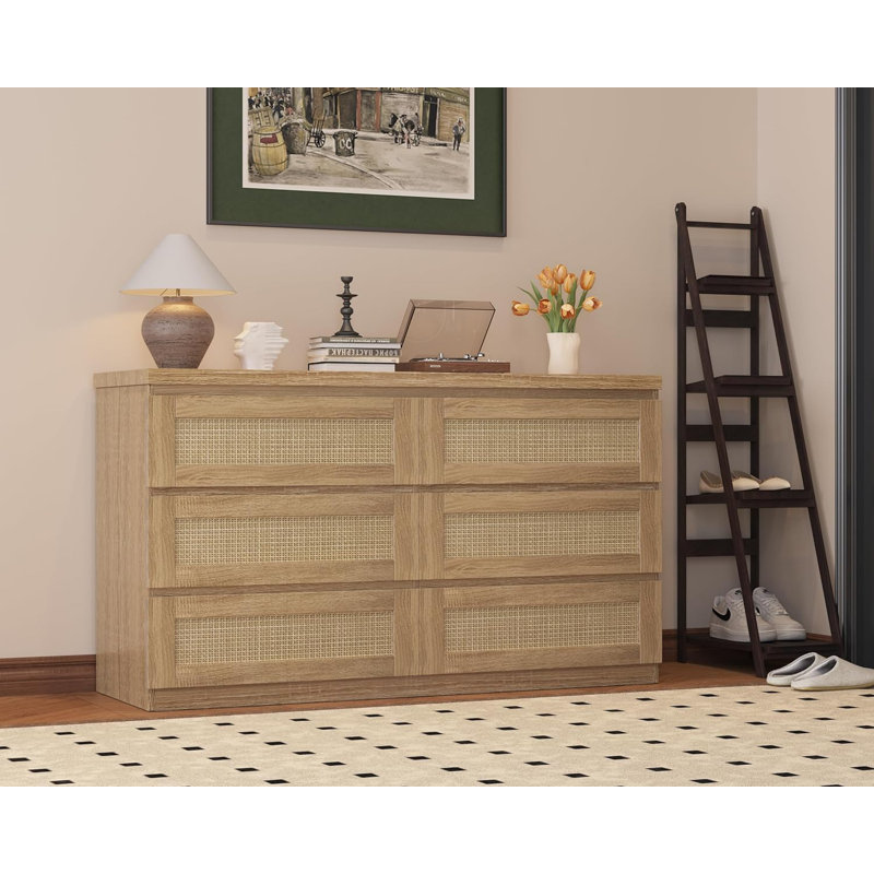 Commode 6 tiroirs en rotin avec rangement double pour chambre à coucher