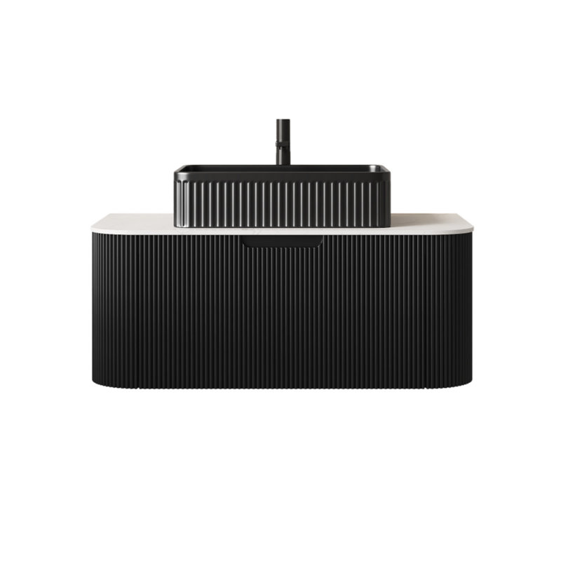 Ensemble de meuble-lavabo 36 po, meuble de rangement flottant pour salle de bain, lavabo rectangulaire en céramique noire avec comptoir en pierre frittée blanc de Carrare, finition noire