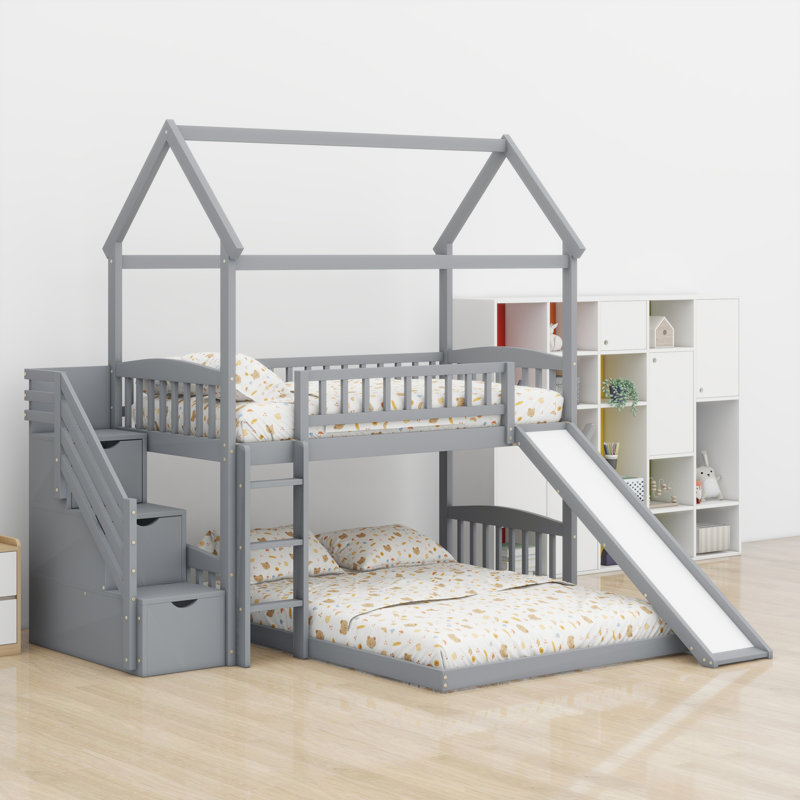 Lit superposé avec toboggan Cute House, Gris