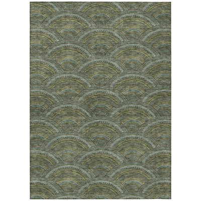 8' X 10' Olive Green Fern Green And Silver Geometric Washable Indoor Outdoor Area Rug