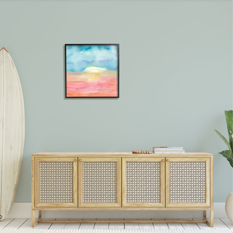 Abstrait aquarelle paysage soleil, Giclée encadrée noir minuit, H 24 po x l 24 po x P 1,5 po