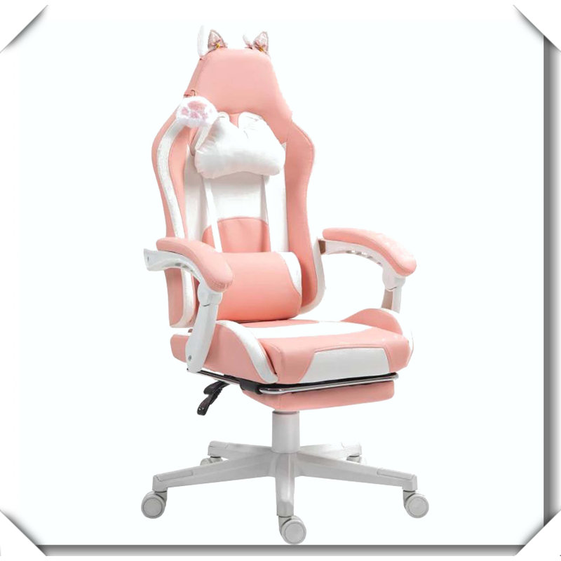 Gaming Chair Footrest Headrest Lumbar Support Reclining Swivel, Pink/White, White