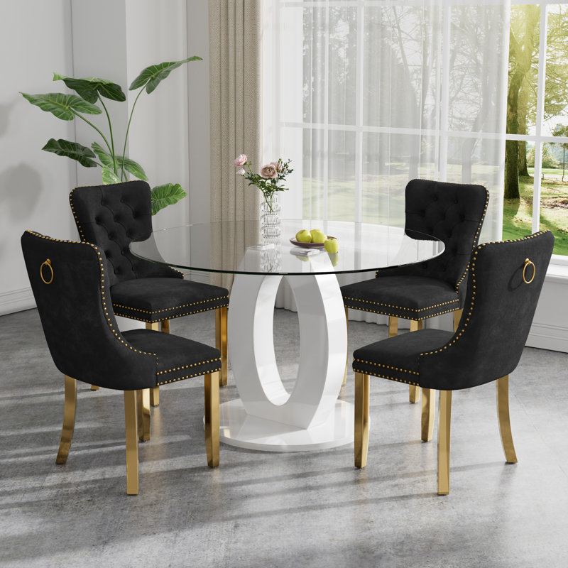 High Gloss Round Dining Table Set with 4 Velvet Dining Chairs, Black/Gold
