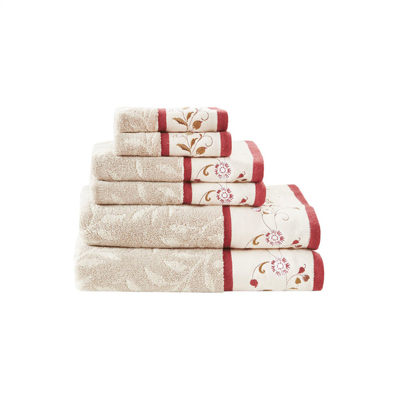 Embroidered Cotton Jacquard 6 Piece Towel Set, Red