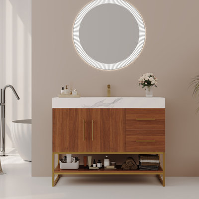 Meuble-lavabo autoportant moderne 36 po avec lavabo en céramique sans couture et plateau en pierre frittée