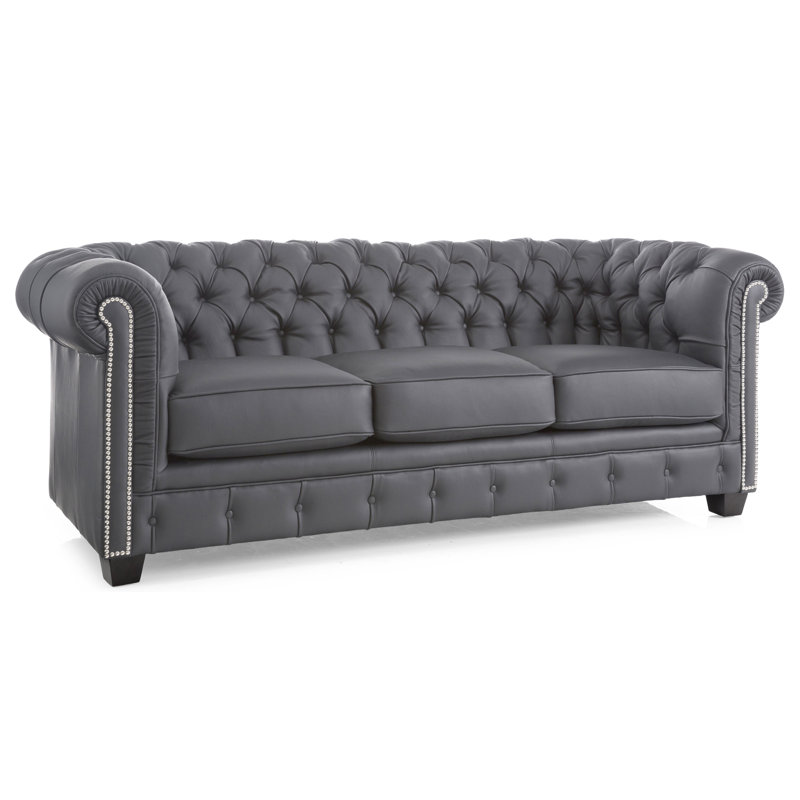 Canapé Chesterfield à accoudoirs roulés en cuir véritable de 86 po Melany, Gris anthracite