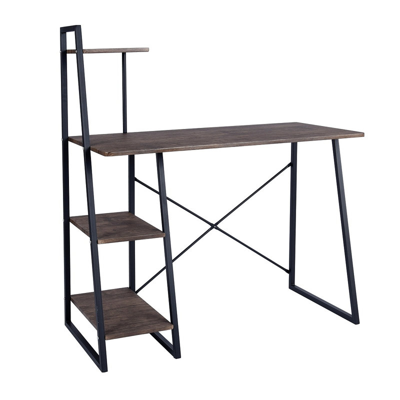 4 Tier Storage Shelf Computer Desk, Dark Brown, Black