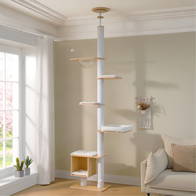 Arbre à chat du sol au plafond, tour à chat de 7,6 à 9,4 pi (91,3 po à 111,8 po) avec poteaux à griffes en sisal et grand condo, arbre à chat en bois moderne avec capsule en acrylique et tapis lavables, blanc