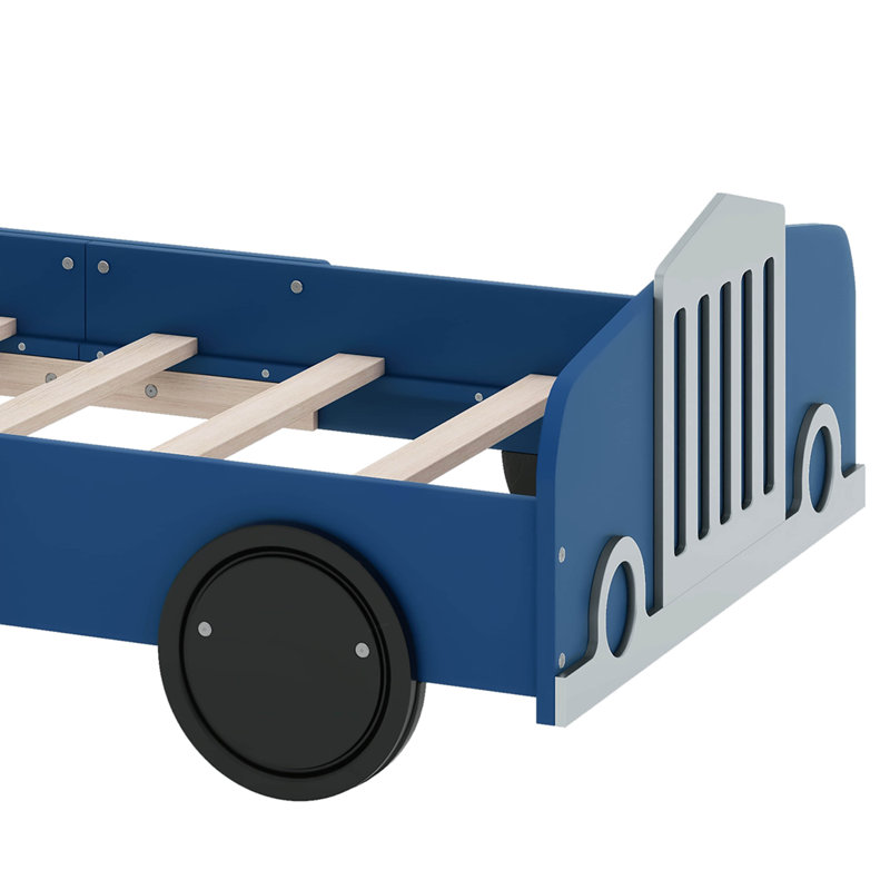 Lit plateforme simple en forme de voiture avec roues Skylon, Bleu