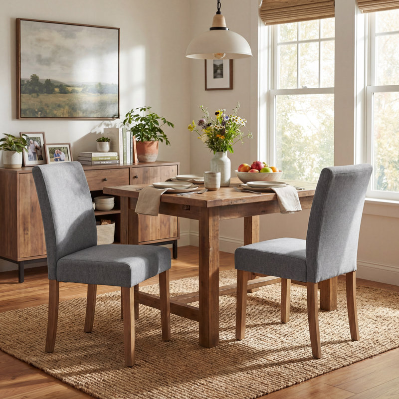 Solid Wood Upholstered Dining Chairs, Gray Fabric