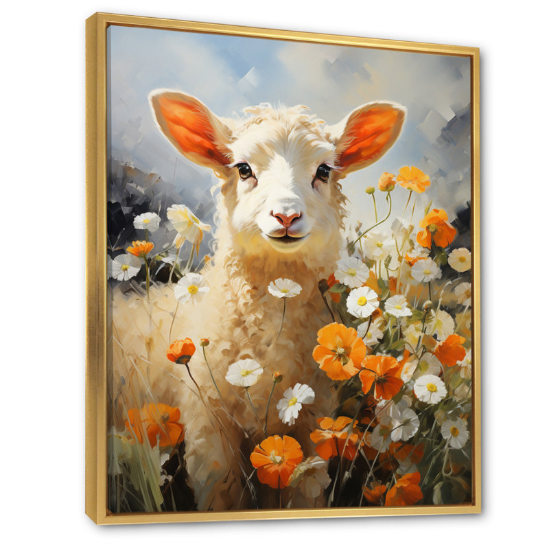 Sheep In Daisies - animaux, impressions sur toile, Cadre flottant doré, H 40 po x l 30 po x P 1,5 po