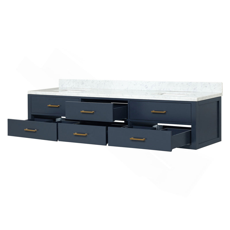 Meuble-lavabo double bleu 84 po X P 22 po D, avec plateau en marbre de Carrare, 84"