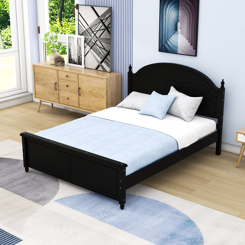 Lit plateforme en bois avec tête de lit et pieds centraux, Noir, Queen