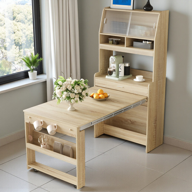 Kitchen Pantry With Foldable Dining Table, Natural