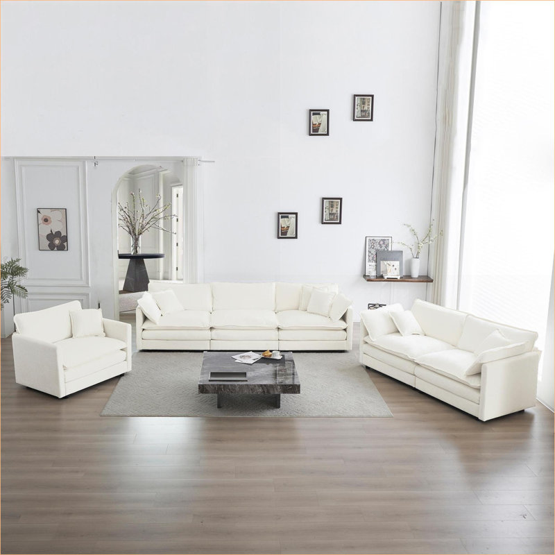 Canapés modulaires | Ensemble de sièges modernes en bois massif 3 pièces pour salon et bureau à domicile | blanc neige | Chenille
