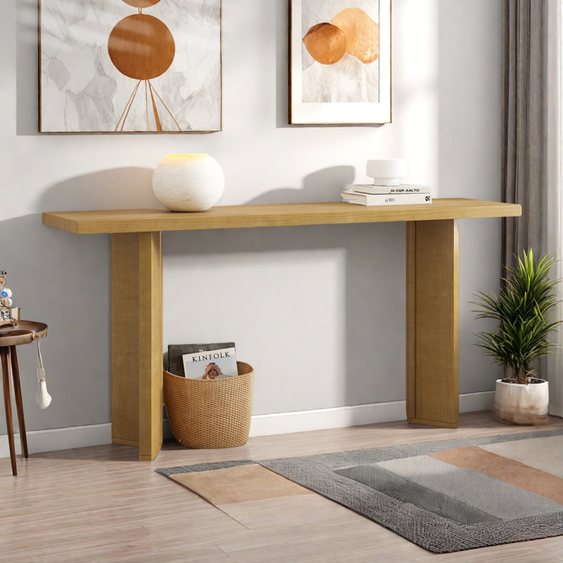 Console moderne avec structure de forme géométrique et grain de bois, Naturel