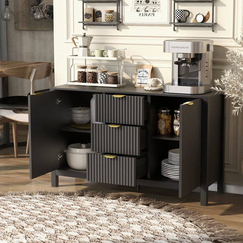 Armoire d'entrée avec motif ondulé - 3 tablettes réglables, Noir